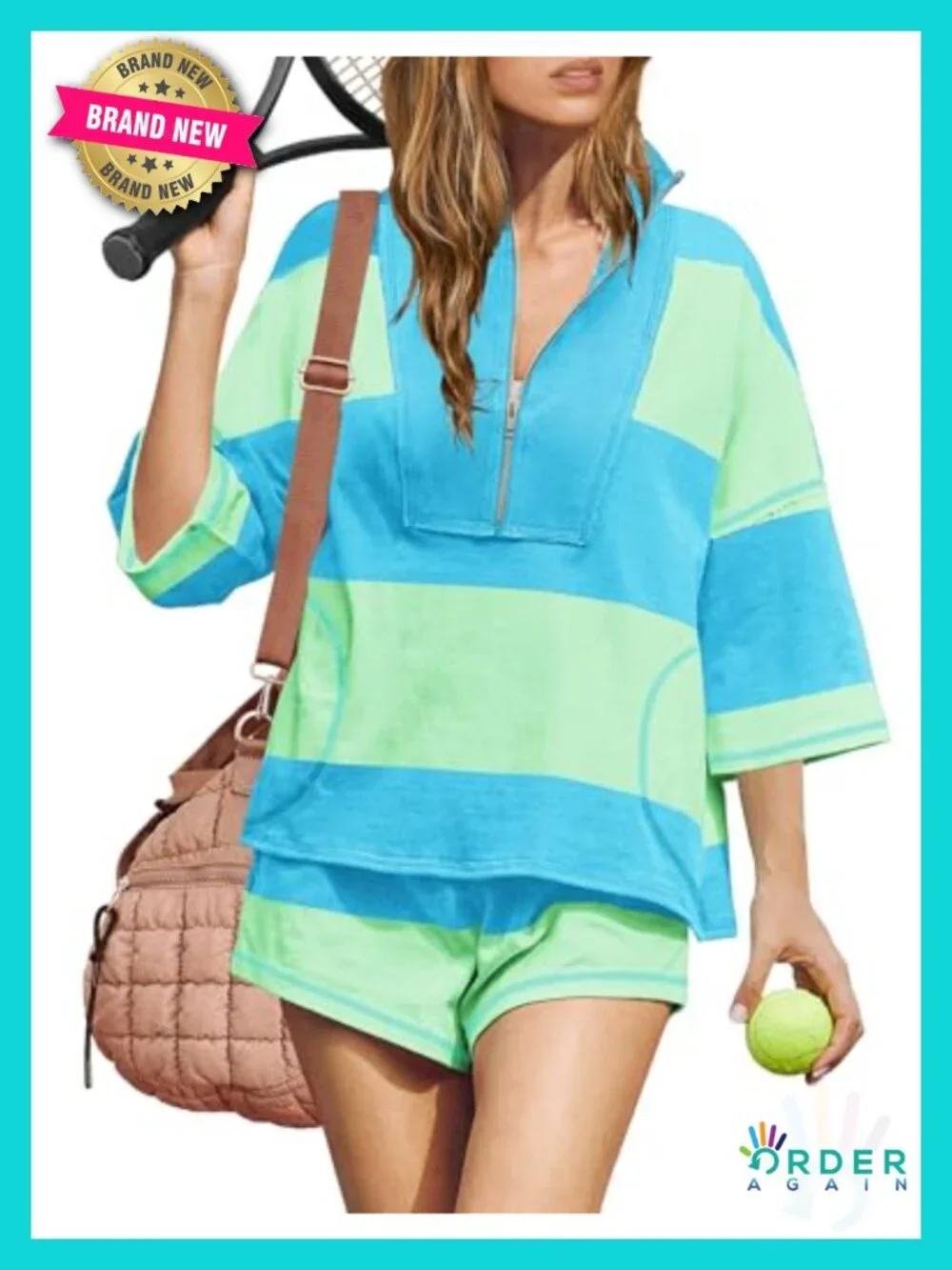 Striped Workout 2 Piece Set - Matching Lounge Top and Shorts with Pockets